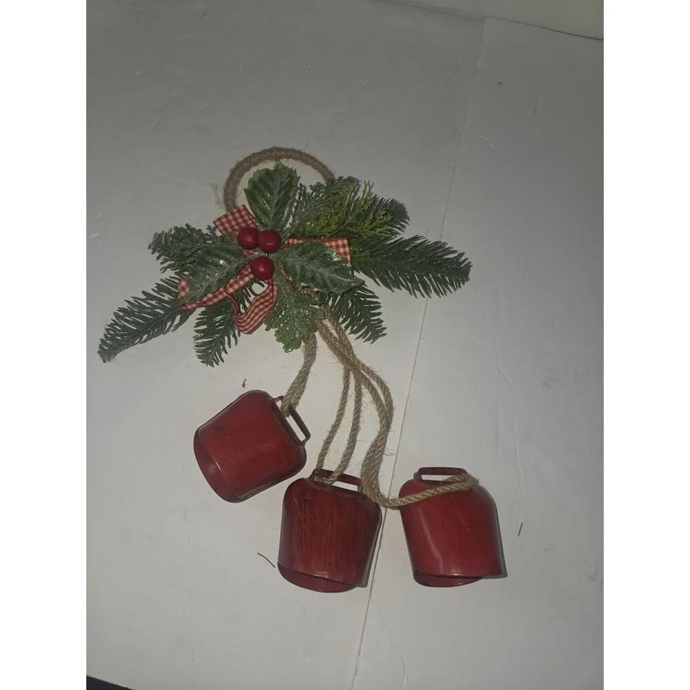 Christmas Hanging Door Decor Rope Ring Faux Greenery Ribbon Red Bells Berries